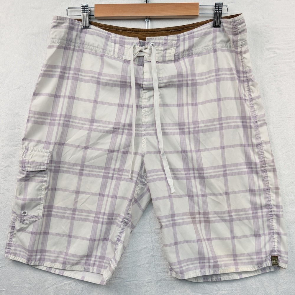 VTG O'Neill Board Shorts Men's 34 White Purple Plaid 12" Surf Beach Relaxed Y2K